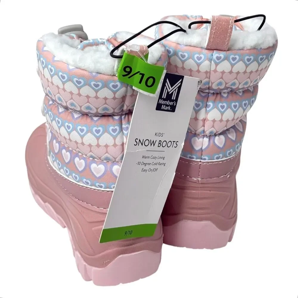 NEW Girls SNOW BOOTS 9/10 Fleece Line Pink Boot Winter Water Resist Hearts NWT